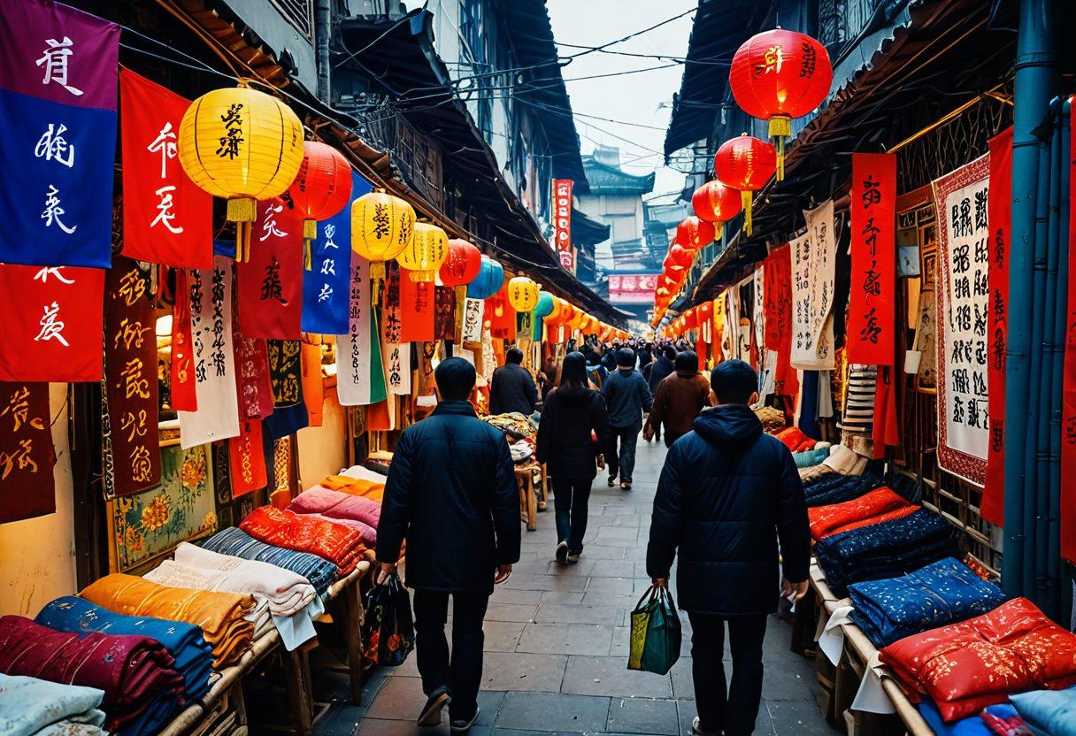 A bustling Chinese wholesale market filled with vibrant stalls showcasing an array of products such as textiles, electronics, and handcrafted goods. Capture diverse shoppers engaging with friendly vendors, surrounded by colorful banners written in Chinese. Showcase the energy of the market with dynamic interactions and a sense of discovery. Enhance the scene with warm lighting and rich textures. super-realistic. vibrant colors. bustling atmosphere.