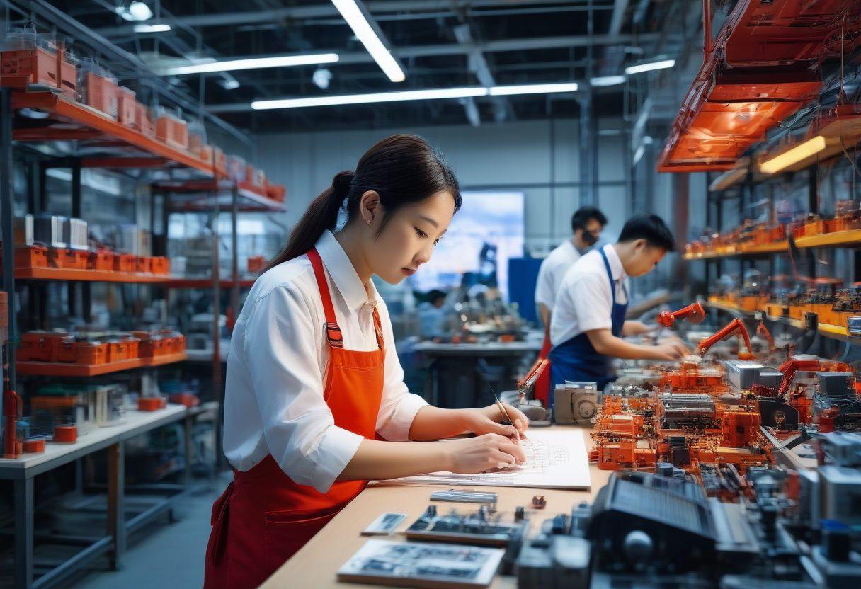 A bustling Chinese manufacturing landscape with modern factories and traditional artisan workshops, showcasing various products like electronics and textiles. Include a diverse group of professionals collaborating over blueprints and digital devices. Emphasize the blend of innovation and craftsmanship, with vibrant colors representing prosperity and success. super-realistic. vibrant colors. clear blue sky.