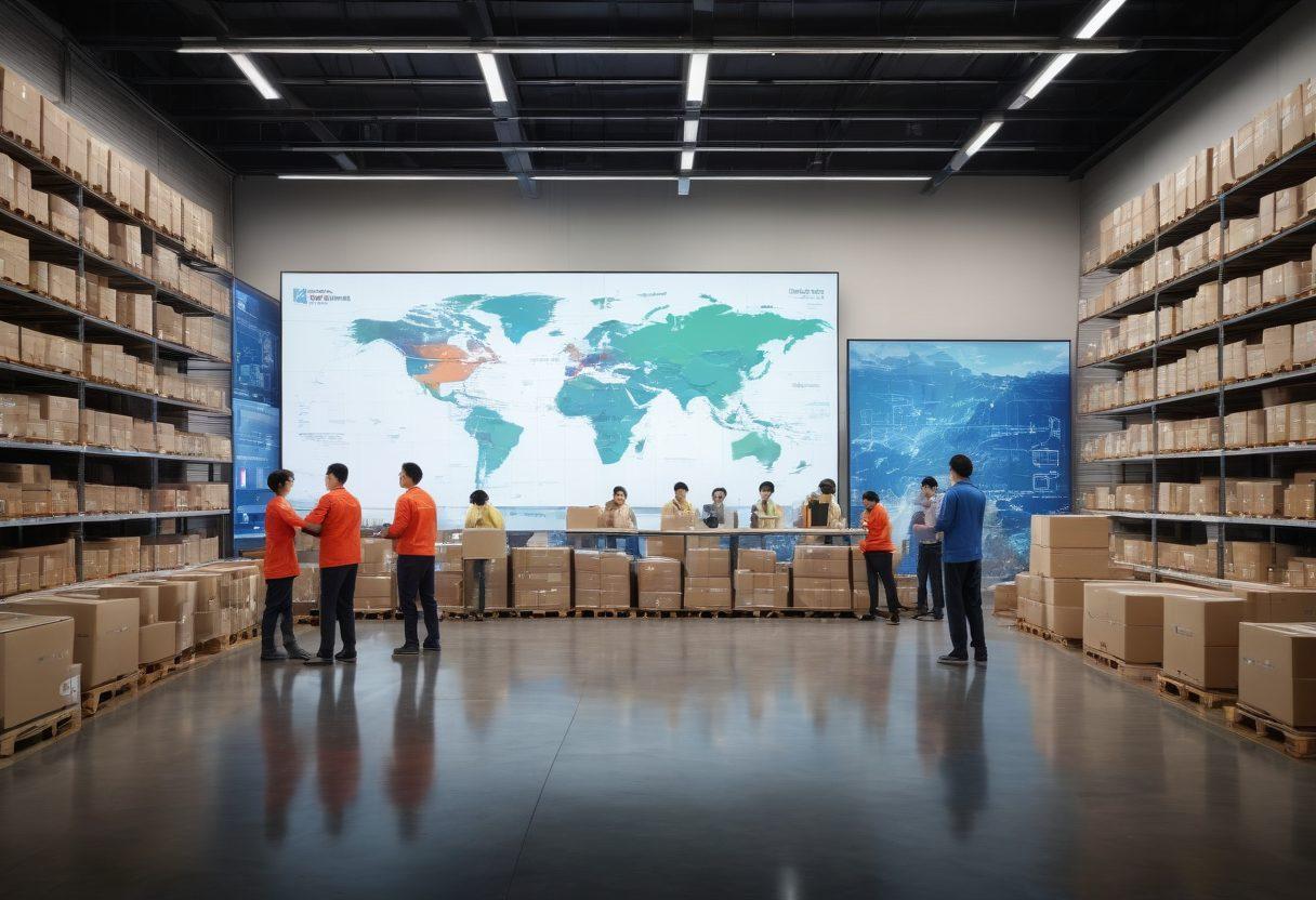 A bustling e-commerce warehouse filled with diverse products made in China, featuring workers efficiently packing items. In the background, a digital display showing rising sales graphs and interconnected global shipping routes. The atmosphere is dynamic with a sense of innovation and collaboration. Bright colors and sharp contrasts highlight the activity. super-realistic. vibrant colors.